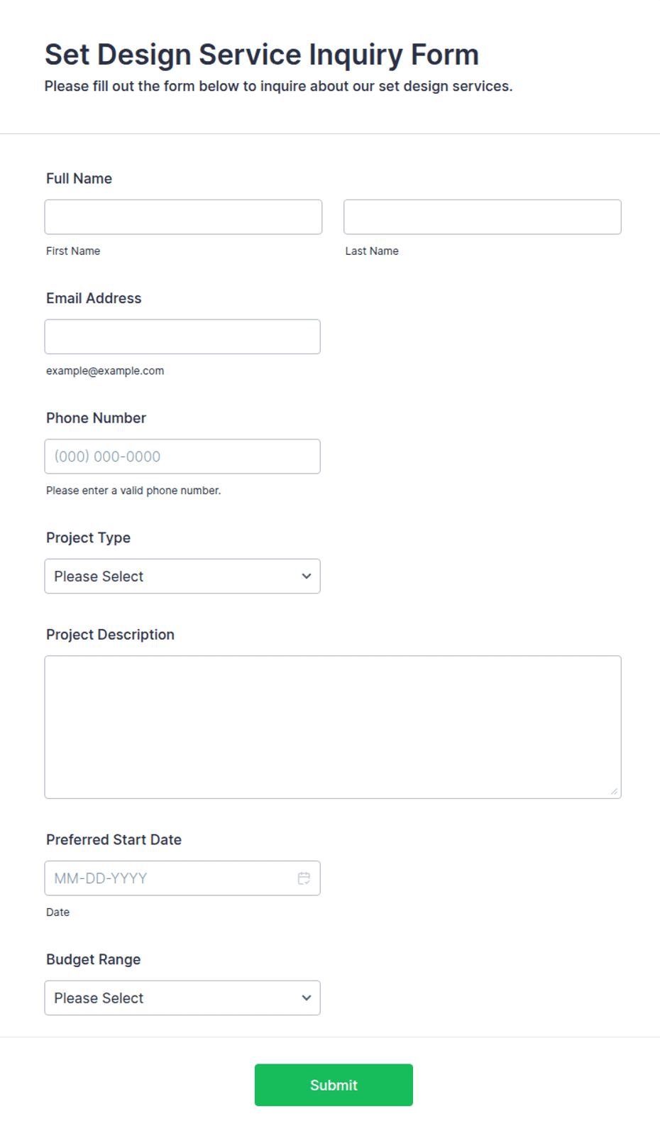 Project Inquiry Form Ui Design Set Design Service Inquiry Form Template | Jotform