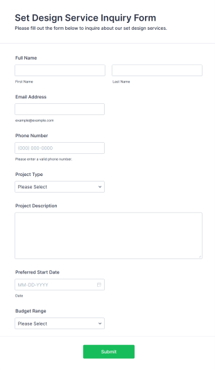 Set Design Service Inquiry Form Template