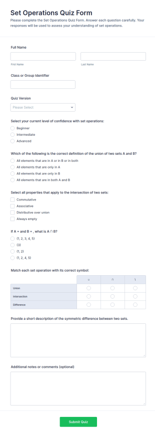 Set Operations Quiz Form Template