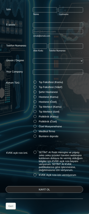 SETİNT AI Robot Hemşire Webinar Form Şablonu
