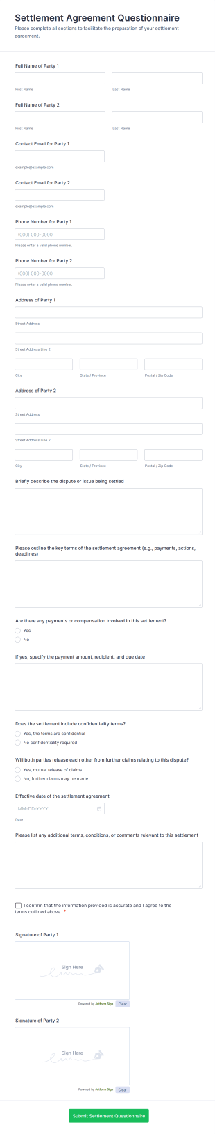 Settlement Agreement Questionnaire Form Template