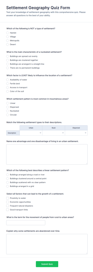 Settlement Geography Quiz Form Template