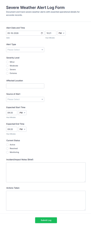 Severe Weather Alert Log Form Template