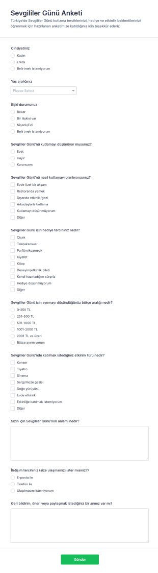 Sevgililer Günü Anket Form Şablonu