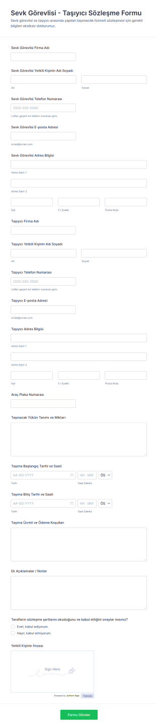 Sevk Görevlisi Taşıyıcı Sözleşme Form Şablonu