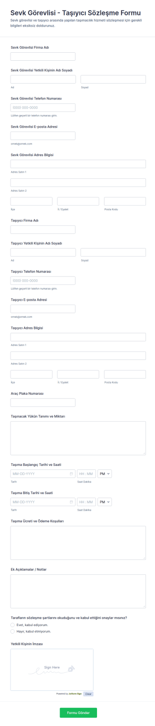 Sevk Görevlisi Taşıyıcı Sözleşme Form Şablonu