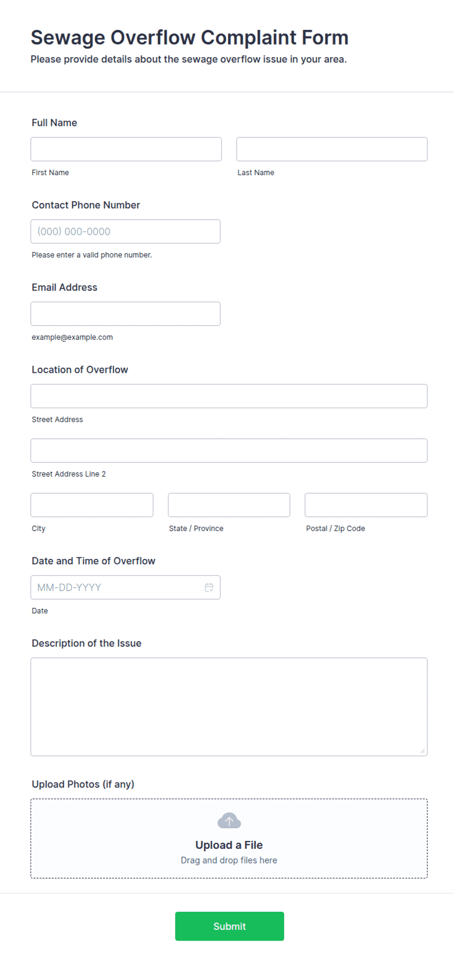 Sewage Overflow Complaint Form Template | Jotform