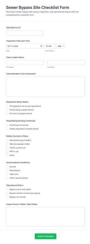 Sewer Bypass Site Checklist Form Template