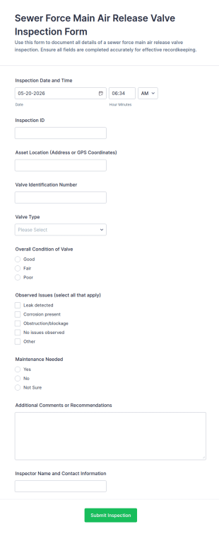 Sewer Force Main Air Release Valve Inspection Form Template