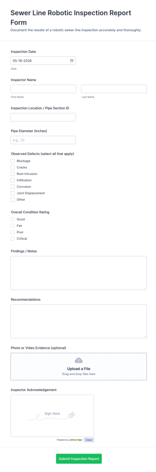 Sewer Line Robotic Inspection Report Form Template