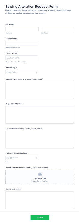 Sewing Alteration Request Form Template