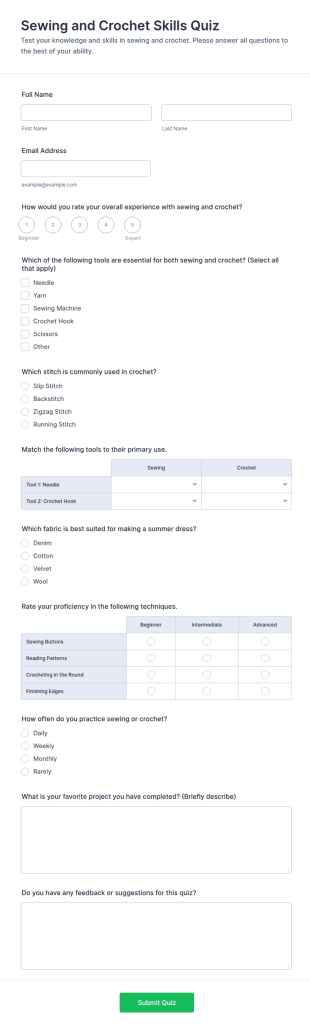Sewing And Crochet Skills Quiz Form Template