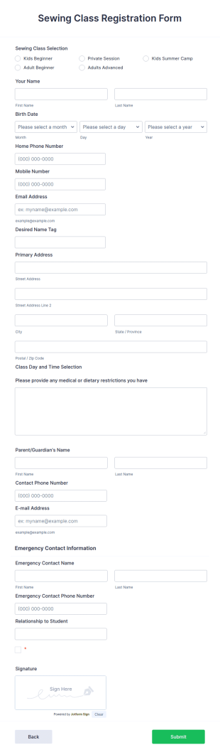 Sewing Class Registration Form Template