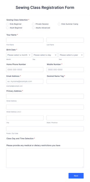 Sewing Class Registration Form Template