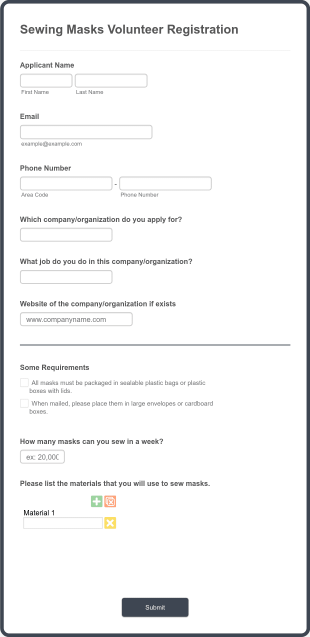 Sewing Masks Volunteer Registration Form Template