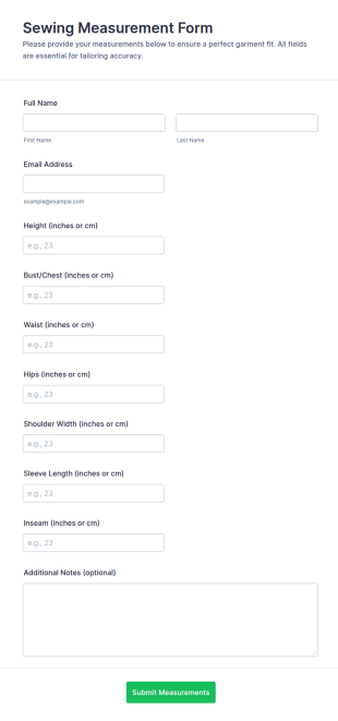 Sewing Measurement Form Template