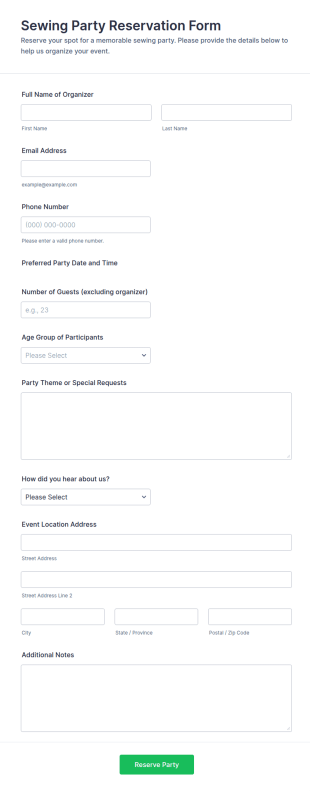 Sewing Party Reservation Form Template