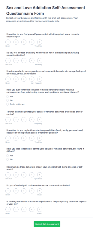 Sex And Love Addiction Self Assessment Questionnaire Form Template