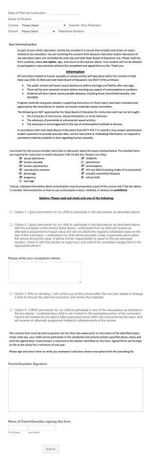 Sex Education Form Template