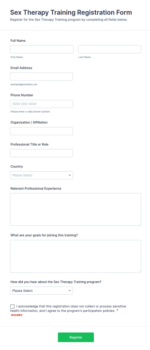 Sex Therapy Training Registration Form Template