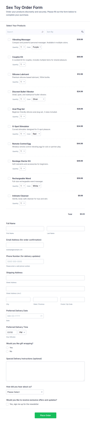 Sex Toy Order Form Template