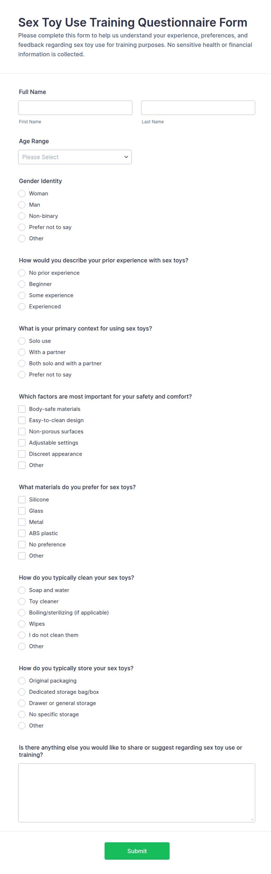 Sex Toy Use Training Questionnaire Form Template | Jotform