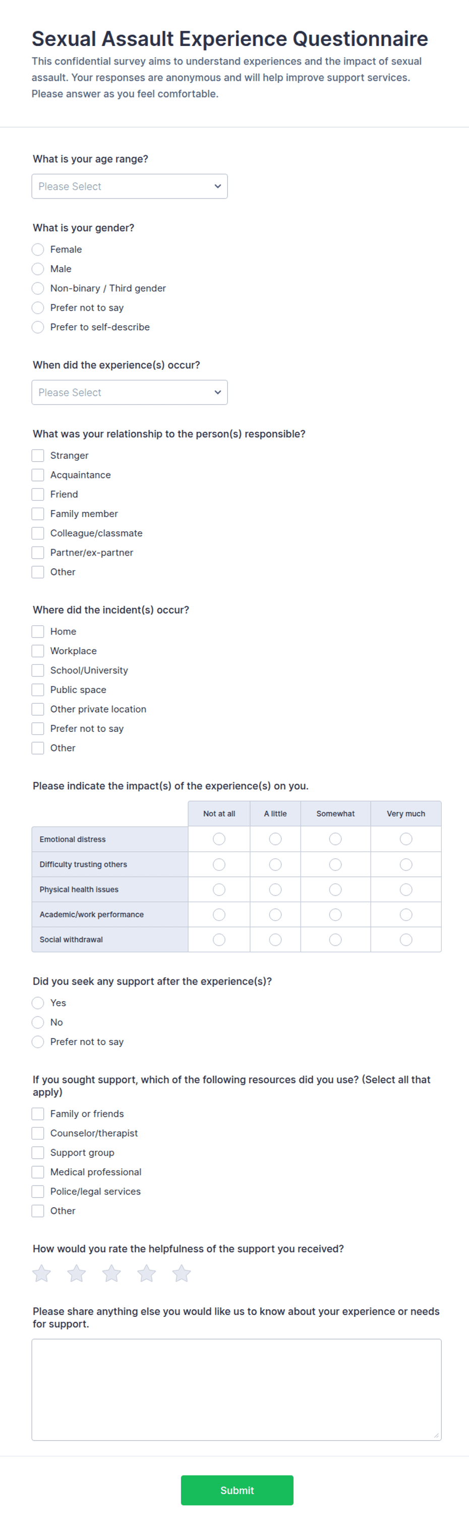 Sexual Assault Experience Questionnaire Form Template | Jotform