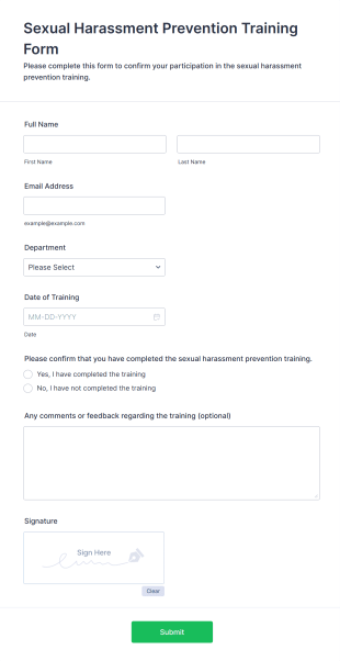 Sexual Harassment Prevention Training Form Form Template