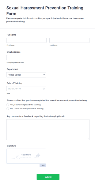 Sexual Harassment Prevention Training Form Template