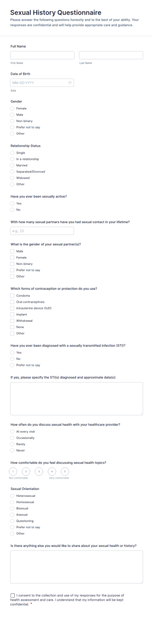 Sexual History Questionnaire Form Template