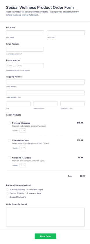 Sexual Wellness Product Order Form Template