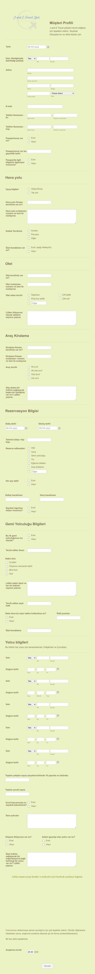 Seyahat Acentası Müşteri Kayıt Form Template