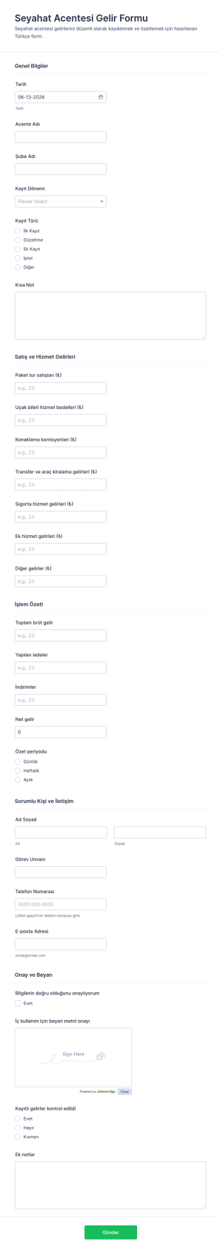 Seyahat Acentesi Gelirleri Anketi Form Şablonu
