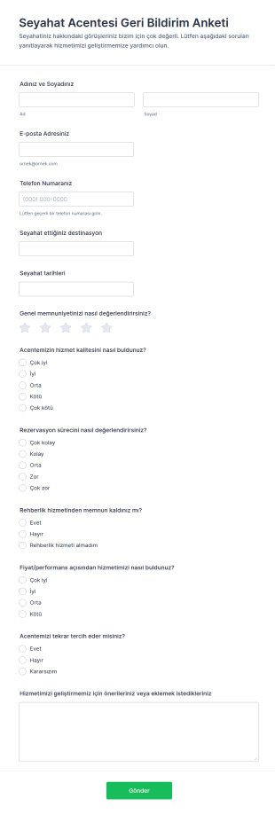 Seyahat Acentesi Geri Bildirim Anketi Form Şablonu