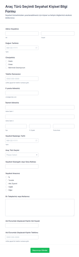 Seyahat Acentesi Kişisel Bilgi Form Şablonu