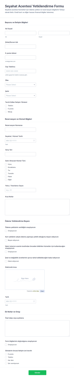 Seyahat Acentesi Kredi Kartı Yetkilendirme Form Şablonu