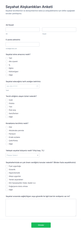 Seyahat Alışkanlıkları Anketi Form Template
