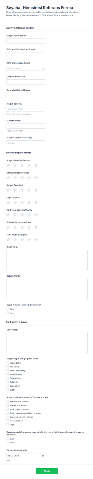 Seyahat Hemşire Referans Form Şablonu
