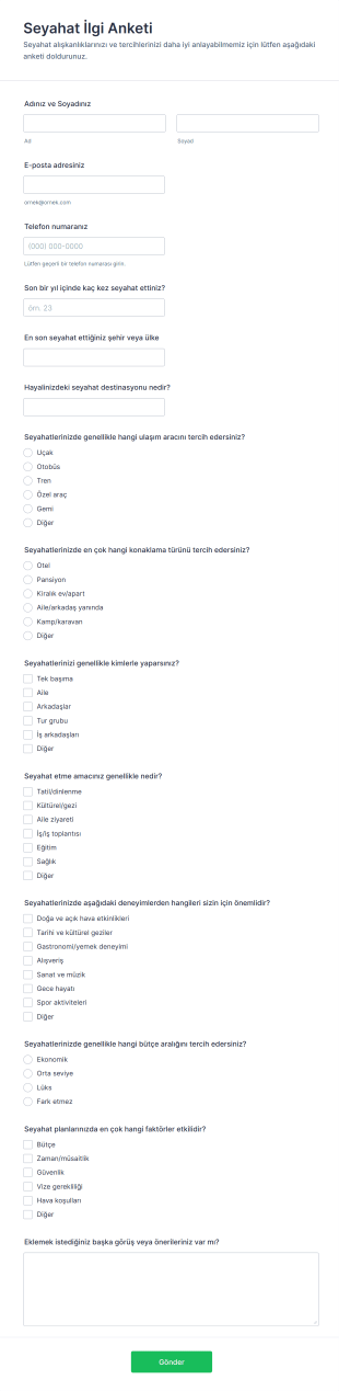 Seyahat İlgi Anketi Form Şablonu