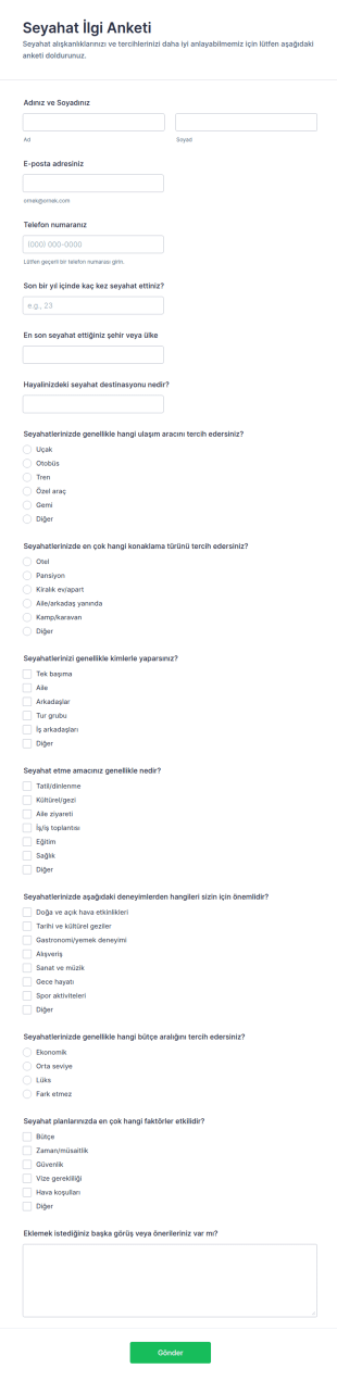 Seyahat İlgi Anketi Form Şablonu