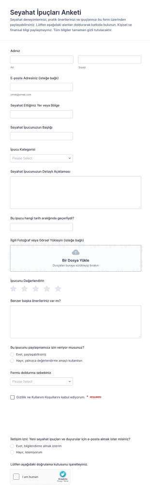 Seyahat İpucu Gönderim Form Şablonu