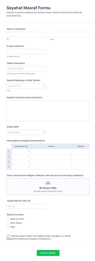 Seyahat Masraf Form Şablonu