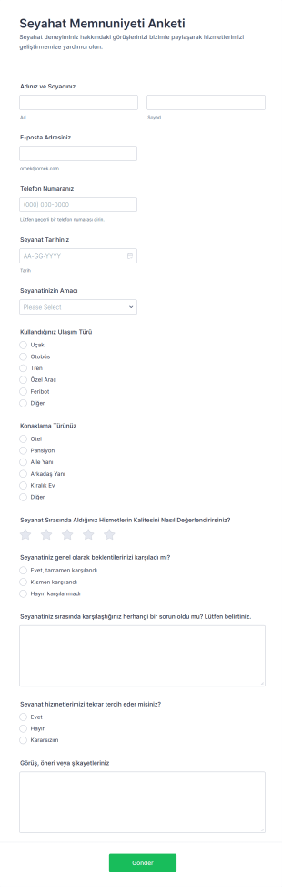 Seyahat Memnuniyeti Anketi Form Şablonu