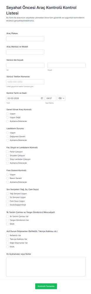 Seyahat Öncesi Araç Kontrolü Kontrol Listesi Form Şablonu