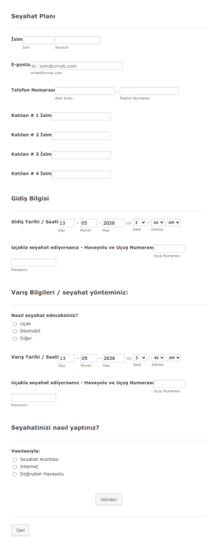 Seyahat Planı Form Şablonu