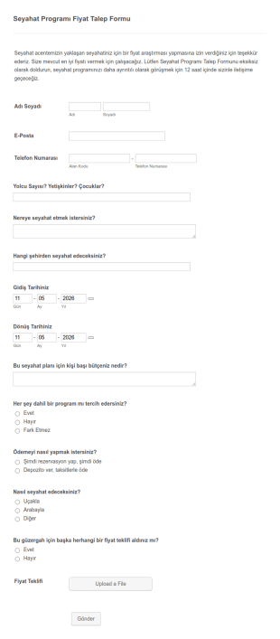 Seyahat Programı Fiyat Talep Form Şablonu