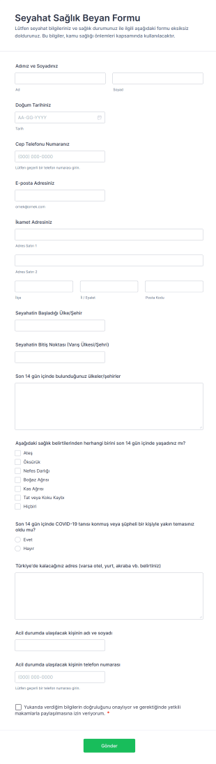 Seyahat Sağlık Beyan Form Şablonu