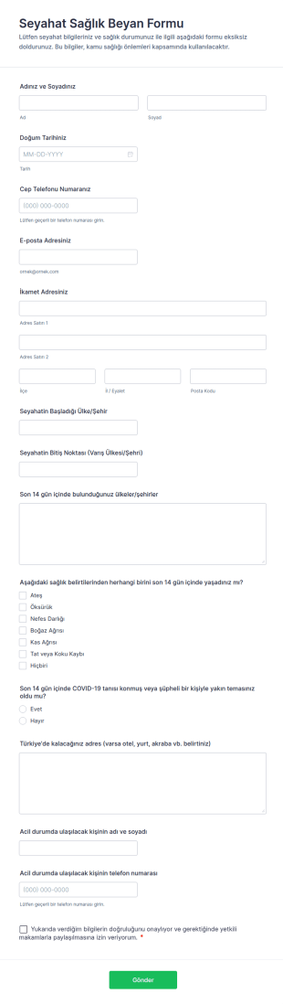 Seyahat Sağlık Beyan Form Şablonu