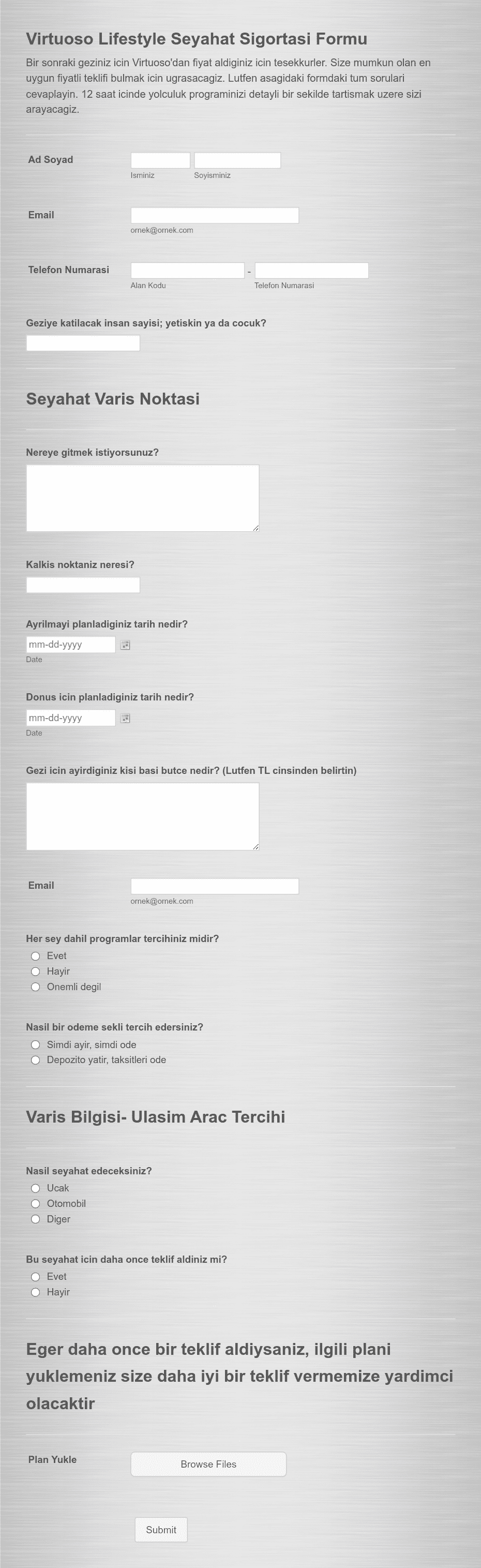 Seyahat Sigortası Başvuru Formu