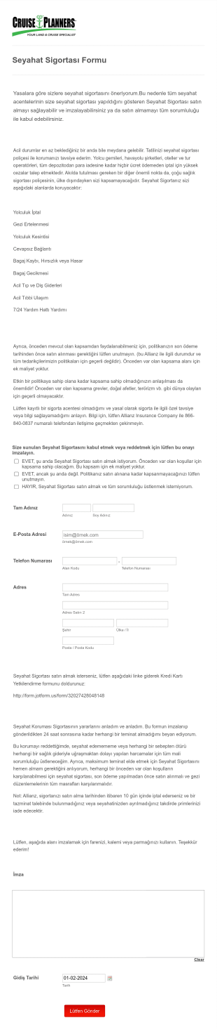 Seyahat Sigortası Form Şablonu